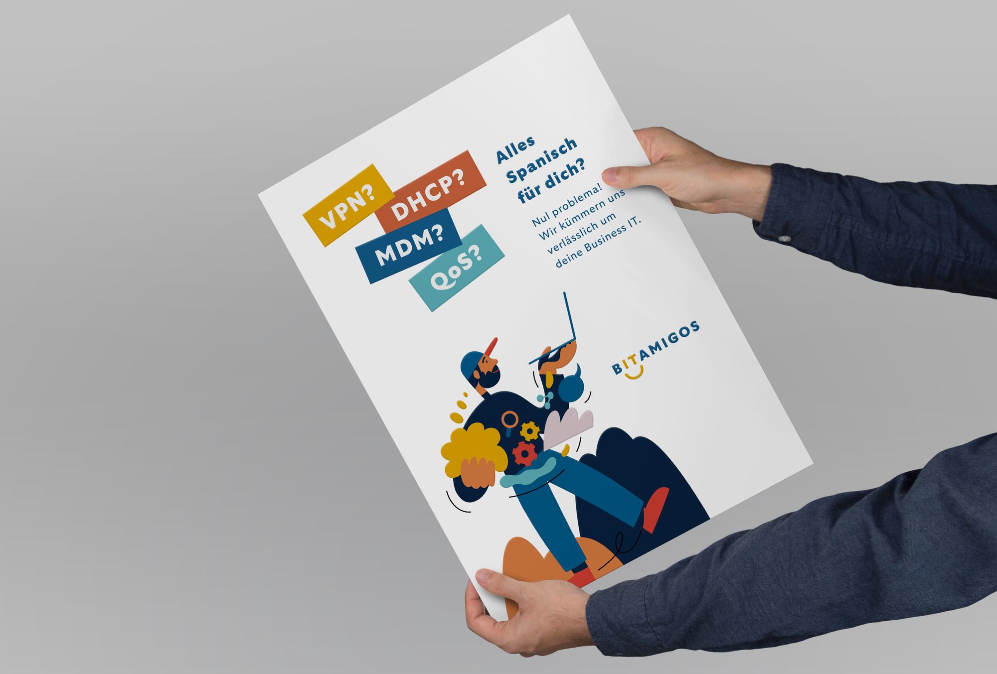 Poster »Alles Spanisch für dich« zeigt IT-Begriffe und die Illustration eines Mannes, der einen Laptop und IT Icons jongliert. Nul problema! Wir kümmern uns verlässlich um deine Business-IT.