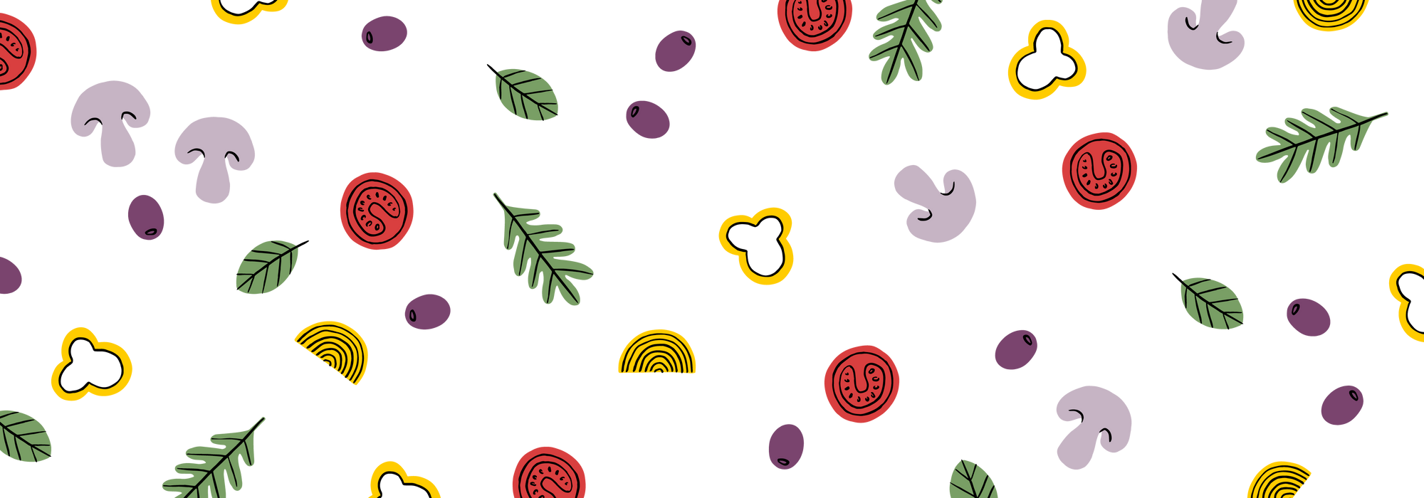 Rucola, Basilikum, Oliven, Zwiebel, Tomaten, Champignons - illustrierte Pizzazutaten ergeben ein farbenfrohes Muster.
