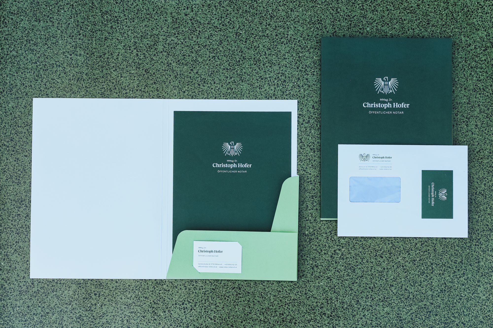 Drucksorten des neuen Corporate Designs für MMag. Dr. Christoph Hofer, Öffentlicher Notar in Mittersill im Pinzgau.