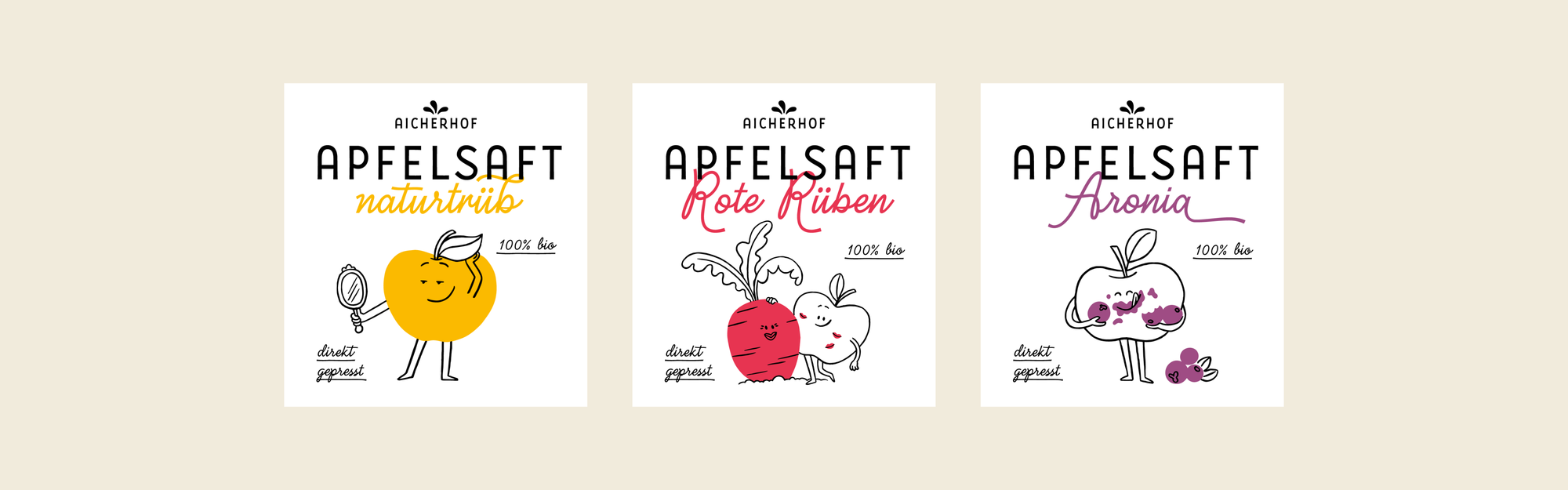 Apfelsaft naturtrüb: Apfel schaut sich im Spiegel selbstverliebt an. Apfelsaft Rote Rüben: Apfel und Rote Rübe als Paar. Apfelsaft Aronia: Apfel verspeist genüsslich Aronia Beeren.
