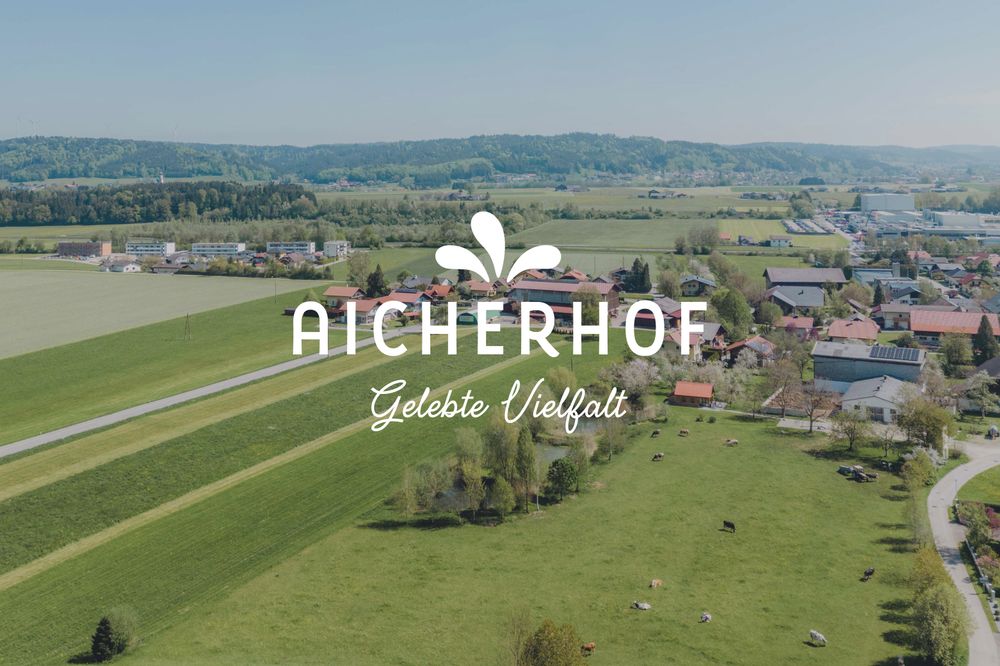 Neues Logo vom Aicherhof in Weiß auf einer Luftaufnahme mit Sicht auf den Hof das Chalet und die Kühe auf der Weide.