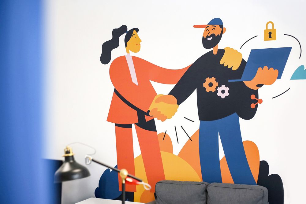 Bild zeigt die Wallart im Büro der Bitamigos: Illustration wurde als EyeCatcher im Office an die Wand gedruckt.